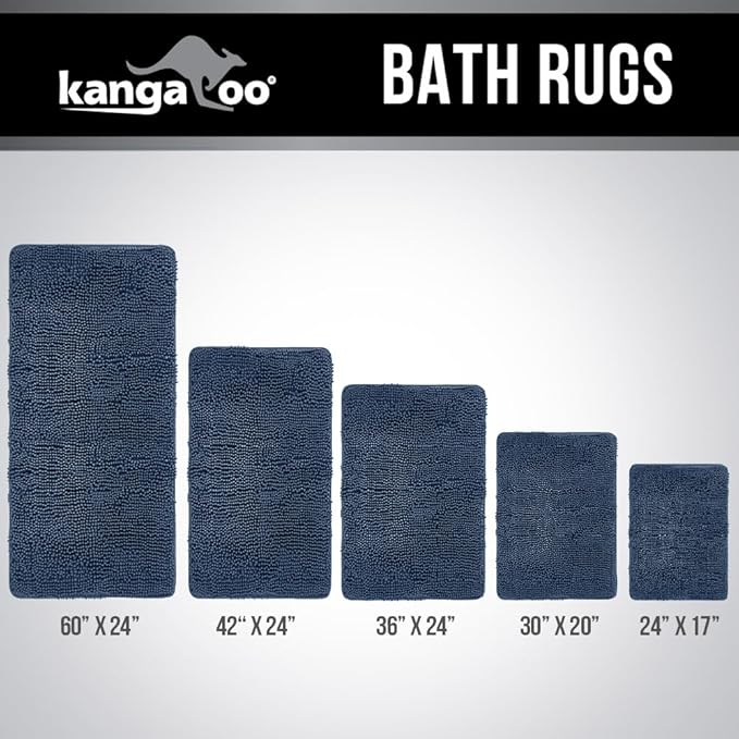 KANGAROO Bathroom Rugs, Chenille Soft Absorbent Bath Rug, Shaggy Shower Mat, Quick Dry Machine Wash Bathmat, Plush Carpet Mats for Tub, Bathtub and Room Home Decor Accessories, 24x17, Navy