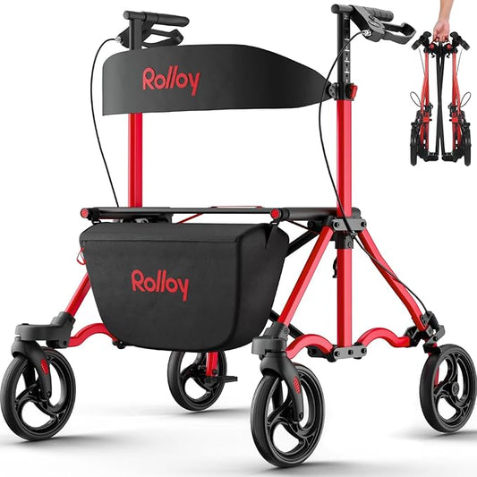 Rollator Walkers for Seniors with Seat, Lightweight Ultra-Compact Travel Rolling Walker, 350lbs Capacity, Heavy-Duty Extra-Wide Seat, Easy Folding, Height Adjustable for Tall Over 6ft, 8" Big Wheels