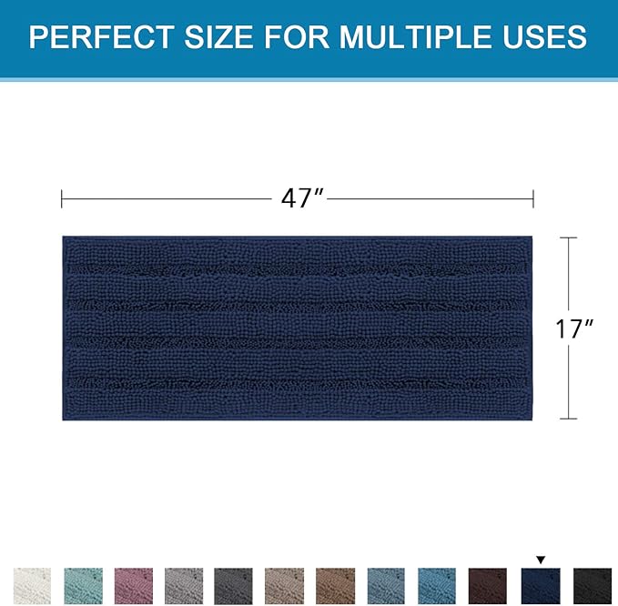 H.VERSAILTEX Bath Rugs for Bathroom Non Slip Bath Mats Extra Thick Chenille Striped Bath Rug Runners 47" x 17" Absorbent Fluffy Soft Shaggy Mats Dry Fast Plush Area Carpet for Bath Room - Navy