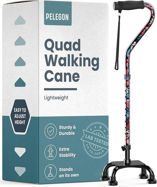 PELEGON Quad Cane (300 lb) - Adjustable Walking Cane with A Large 4 Pronged Base for Extra Balance & Stability, Walking Canes for Seniors, Walking Cane for Men & Women, Walking Sticks