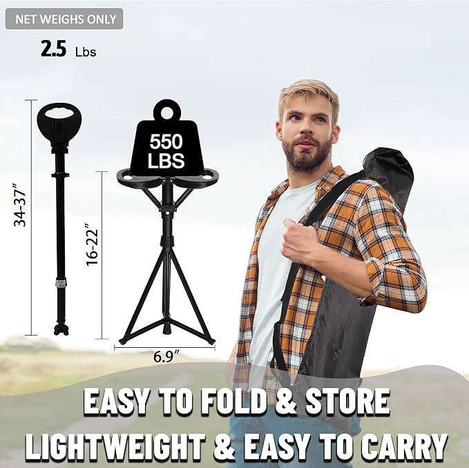 XXL Portable Walking Cane with Seat, Adjustable 34"-37" Foldable Lightweight Aluminum Anti-Slip Walking Stick for Men & Women, 550 Lbs Cane with Chair for Travel Hiking with Carry Bag