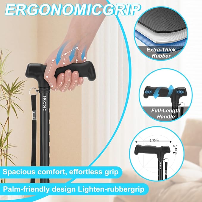 Walking Cane for Men and Women, Extended Handle; Solid Base; Foldable; Adjustable Heights; Lightweight; Heavy-Duty Canes for Seniors (Black)