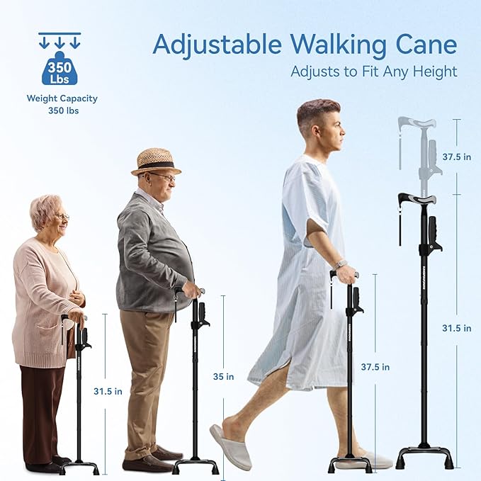 KingPavonini Walking Cane for Women/Men with Second Handle, Foldable & Adjustable Quad Cane with 4-Pronged Base for Standing, Lightweight Walking Aid for Seniors & Adults