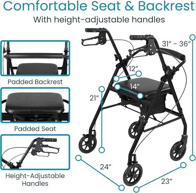 Vive Ultra Lightweight Rollator Walker with Seat - Foldable, Narrow, Rolling Senior Walker for Small Spaces - 4 Wheel Aluminum Adult Easy Drive Aid with Underseat Accessory - Weighs Only 14 Lbs