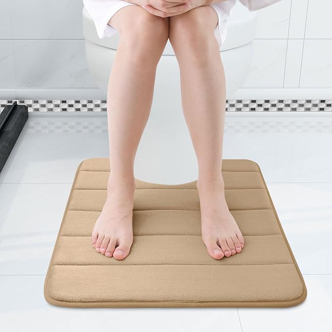 Buganda Memory Foam U-Shaped Contour Toilet Rugs, Non Slip Absorbent, Thick Soft Washable Bathroom Mat, Floor Carpet Bath Rugs Mat for Toilet Base (24" x 20", Camel)