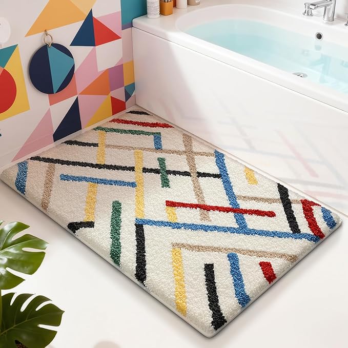 LUMI Bathroom Rugs with Colorful Line, Soft Absorbent Bath Mat for Modern Home Decor, Non-Slip Quick-Dry Bath Rug, Machine Washable Floor Mat for Shower and Tub, Entryway, 24"x36", Colored Line