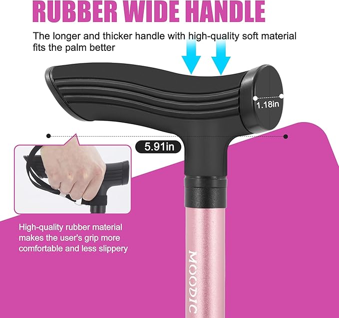 Walking Canes for Women Fashionable with Extended and Thickened Handle. Foldable; Adjustable; Collapsible; Quad Cane for Men for Stability Balance (Basic & Pink)