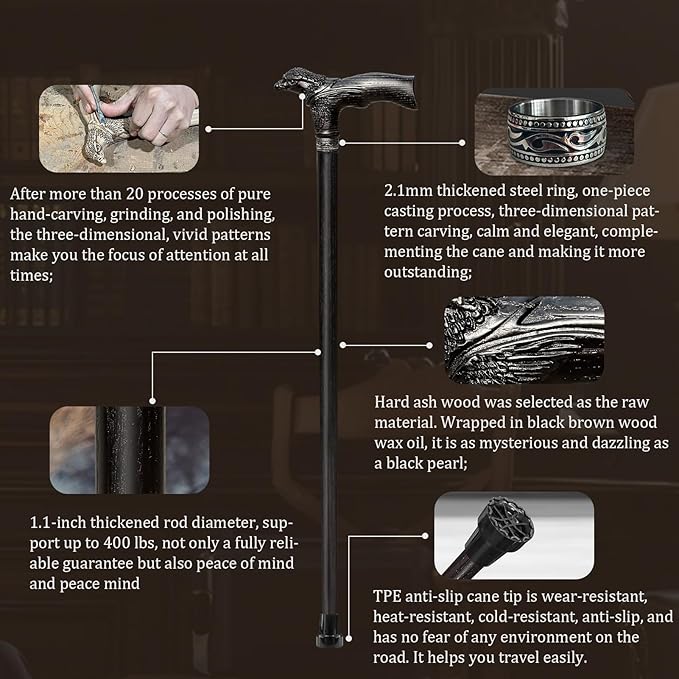 Hand Carved Wooden Walking Cane USA Made Eagle Carved Ergonomic Elegant Wood Canes for Men and Women Support up to 400 lbs Provide Stable Canes for Seniors for Daily Use and Gift Giving