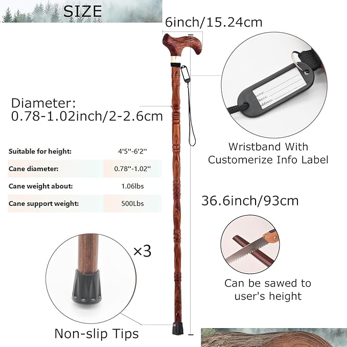 Wooden Walking Canes for Men and Women, Natural Rosewood Walking Sticks for Senior Support, Up to 500 Lbs Walking Stick, Heavy-Duty Walking Cane for Men, Suitable for Gift Giving