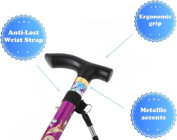 Folding Lightweight Walking Stick - Adjustable Aluminum Metal Collapsible Travel Cane with Non-Slip Rubber Base