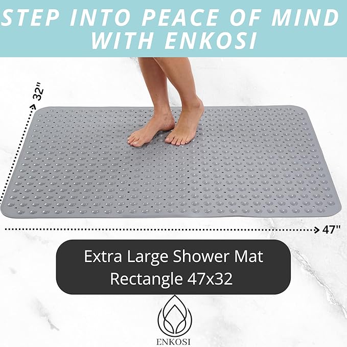 ENKOSI Extra Large Shower Mat Non Slip - 47 x 32 inch - XL Bathroom Shower Mat - Large Shower Matts for Shower Stall Floors - Secure Suction Cups and Drain Holes (47x32 Grey)