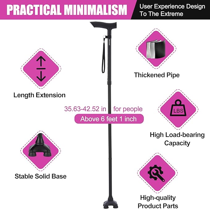 Walking Canes for Tall Men Women 6 ft 1 in and Above. Foldable; Adjustable; Comfortable Grip and Sturdy Base Extra Long Cane Easy to Travel (Plus&Black)