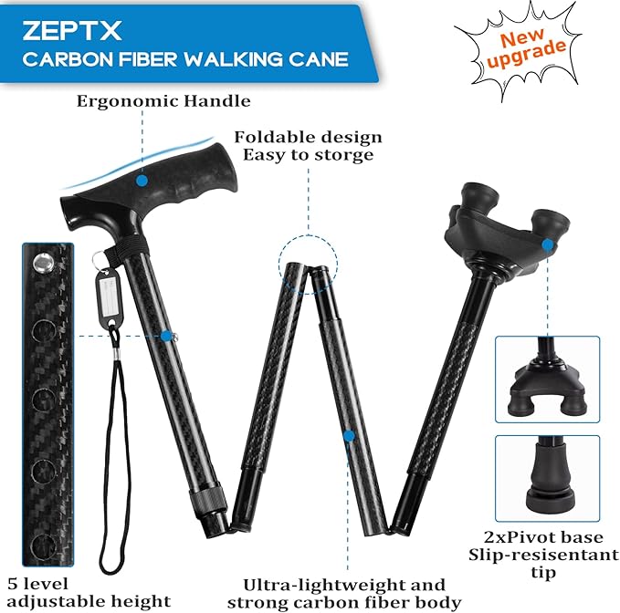 Folding Walking Quad Cane for Men and Women,Ultra Lightweight Sturdy Height Adjustable Nonslip Rubber Tips Free Standing Cane,Collapsible Walking Sticks for Seniors & Adults [Black]