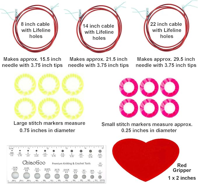 ChiaoGoo Twist Red Lace 4-Inch Small 7400-S Interchangeable Circular Knitting Needle Set, Sizes US 2, 3, 4, 5, 6, 7, 8, Stainless Steel with 4 Cords with Project Bag