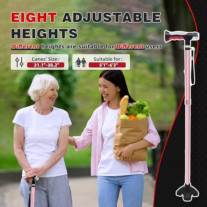 BigAlex Folding Walking Cane with Two Led Lights for Elderly Solid Base Adjustable Walking Stick with Carrying Bag for Men Women