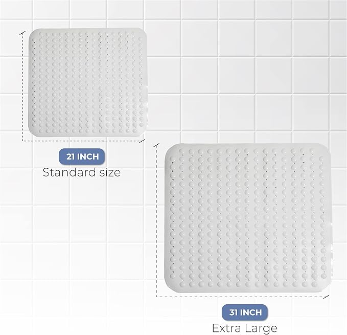 ENKOSI Extra Large Square Non Slip Shower Mat - 31 x 31-inch XL Bathroom Shower Mat - Square Shower Matts for Shower Stall Floors | Secure Suction Cups and Drain Holes (31x31 White)