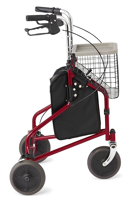 Medline 3-Wheel Ultralight Rollator, Steel Frame, Includes Wire Basket and Storage Bag, Supports up to 275 lbs, 8" Wheels, Burgundy
