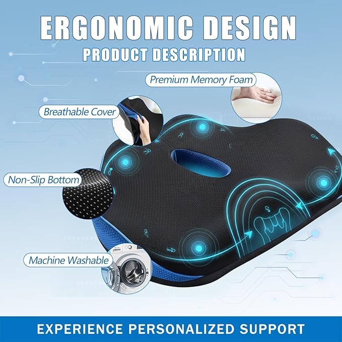 Orthopedic Seat Cushion, Ergonomic Memory Foam Cushions, Cushions Pad Pillow for Office, Car Seat, Airplane, Sciatica & Back Pain Relief for Long Sitting