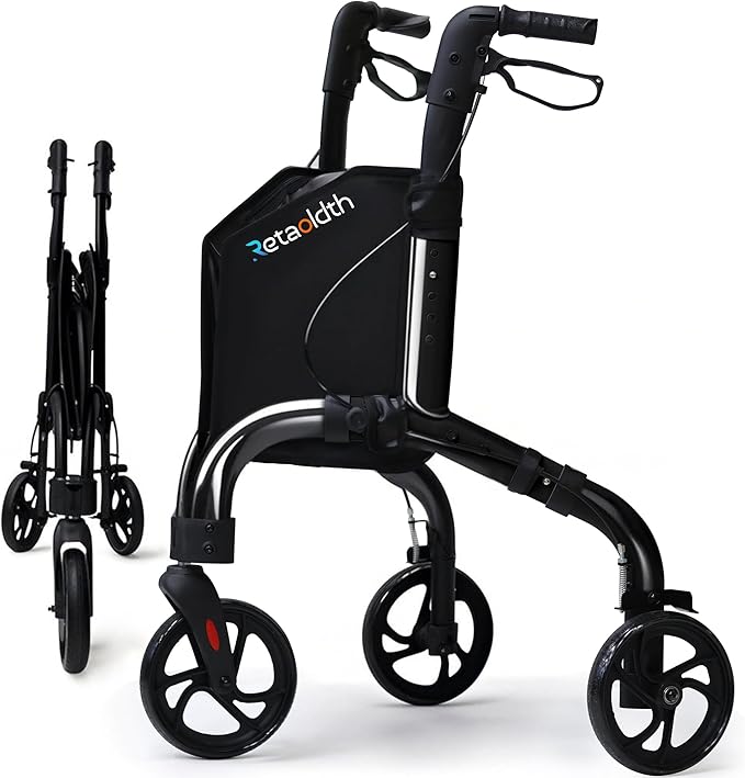 Premium 3 Wheel Rollator Walker for Seniors, Lightweight Foldable Elderly Three Wheeled Rollator with Storage Bag, Aluminum Mobility Aid Rolling Walker