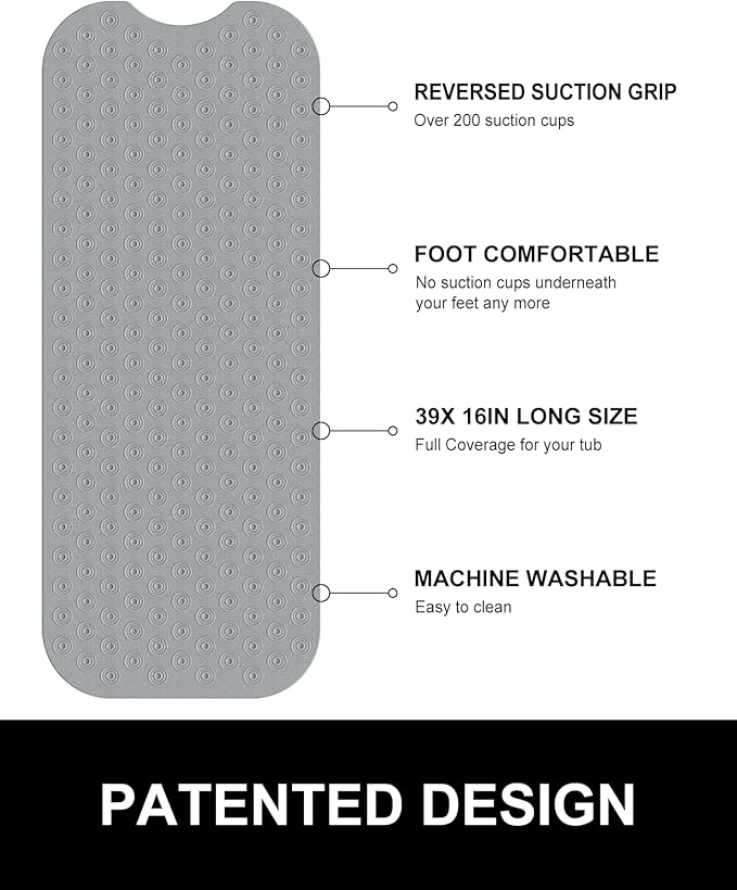 OTHWAY Bathtub Mat Non Slip, 39X16 inch Bath Mat for Tub, Machine Washable Bath Tub Mats with Reverse Suction Cups, Comfortable Rubber Bathtub Mat for Bathroom (Dark Grey)