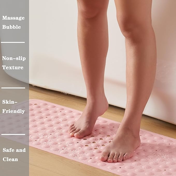 YANZIFLY Bathtub Mat for Shower: Soft Silicone Bath Mat Non Slip with Suction Cups Tub Mat for Bathroom for Family Extra Large Shower matt Machine Washable - Pink
