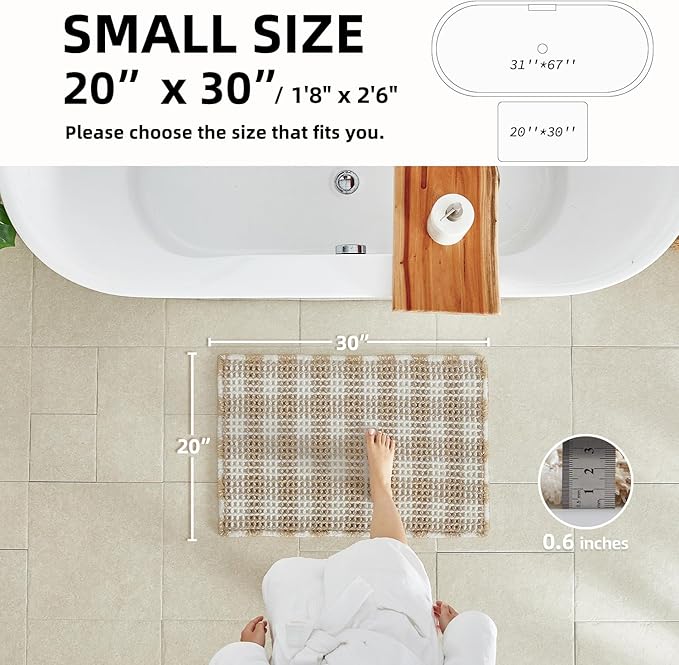 Waffle Bath Mat, Boho Bathroom Rugs Non Slip Washable Absorbent Checkered Bathroom Mat Quick Dry Farmhouse Bathroom Decor, 30"x20" Khaki and White