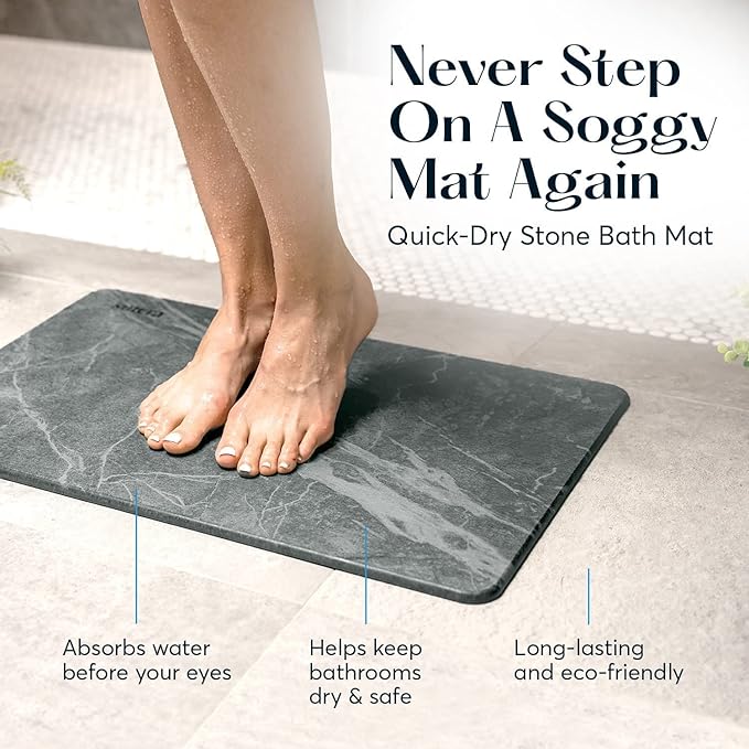 SUTERA - Stone Bath Mat, Diatomaceous Earth Shower Mat, Non-Slip Super Absorbent Quick Drying Bathroom Floor Mat, Natural, Easy to Clean (23.5 x 15 Slate)