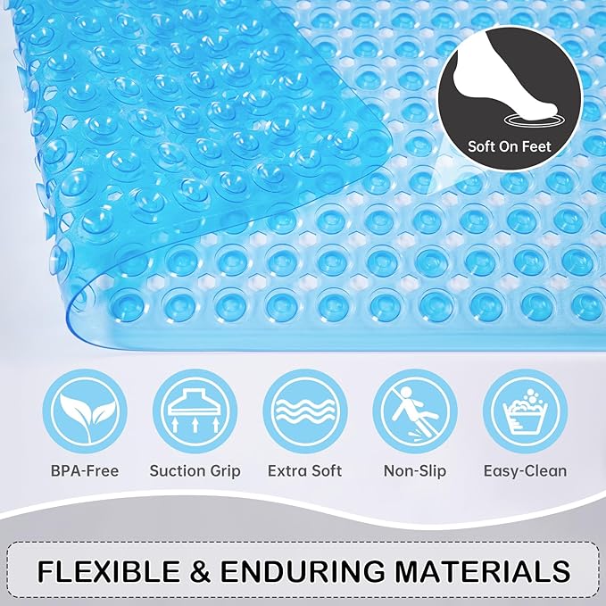 Linoows Non-Slip Bathtub and Shower Mats, Power Grip Bath Mat 35 x 16.3 Inch with Suction Cups and Drain Holes for Tub Bathroom Floor Safety, Machine Washable Soft Bathmat, Clear Blue
