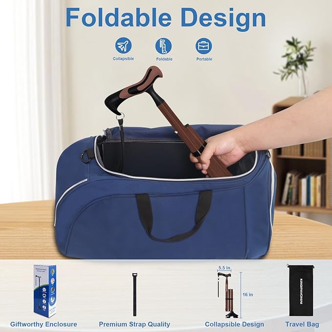 KingPavonini Walking Cane for Men Women Stability, Free Standing Foldable Cane, Ergonomic Handle Pivoting Quad Base, Heavy Duty 350 LBs, Adjustable Walking Canes for Seniors Balance with Travel Bag