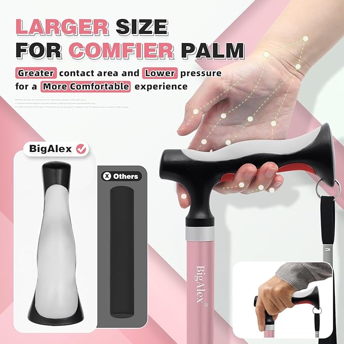 BigAlex Lightweight Collapsible Walking Cane with Soft Comfortable TPR Handle for Seniors and Elderly Adults, Larger Handle for Comfort, Adjustable Support Stick, Portable Travel Aid for Men & Women