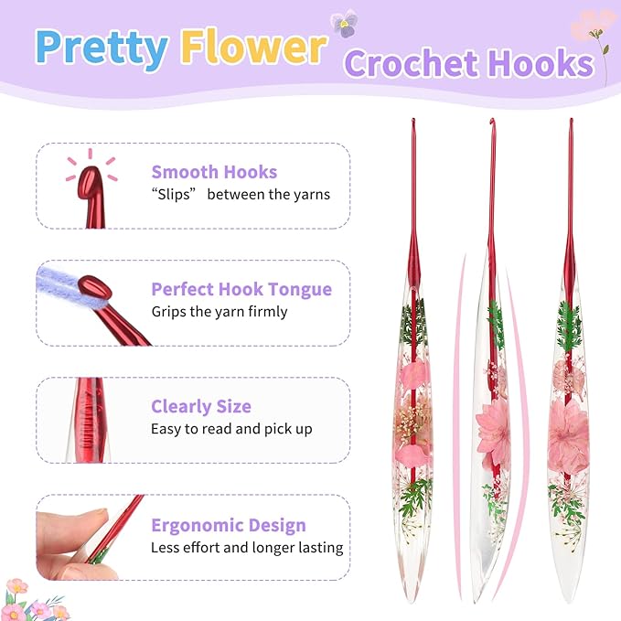 Coopay Crochet Hook Set, 9 PCS Crochet Hooks with Case (2.0mm-6.0mm), Floral Resin Grips - Beautiful & Ergonomic, Great for Crocheting Blankets, Dolls, Shawls, Hats, Scarves (B-J)