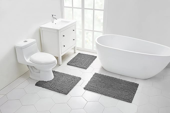 Walensee Bathroom Rug 2 Pieces Set Non Slip Bath Mat (17x24 Plus 20x32 Inch Grey/Gray) Water Absorbent Super Soft Shaggy Chenille Machine Washable Dry Extra Thick Perfect Carpet for Shower Floor