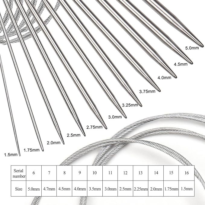 Aeelike Circular Knitting Needle Set 16" Knitting Needles Round for Beginners, 11 Pack Stainless Steel Circular Knitting Needles Set with Needle Gauge Sewing Needle for Sweaters Hats Socks
