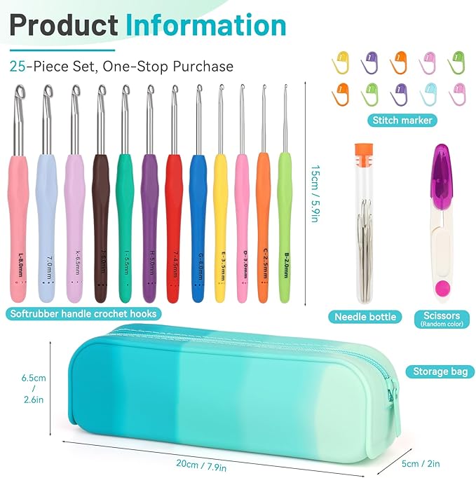 Coopay Crochet Hooks Set with Case, 12 Size Ergonomic Crochet Needles for Beginner Adult Arthritic Hands, 2mm(B)-8mm(L) Extra Long Knitting Hook for Crocheting Yarn- Great DIY Craft Christmas Gift