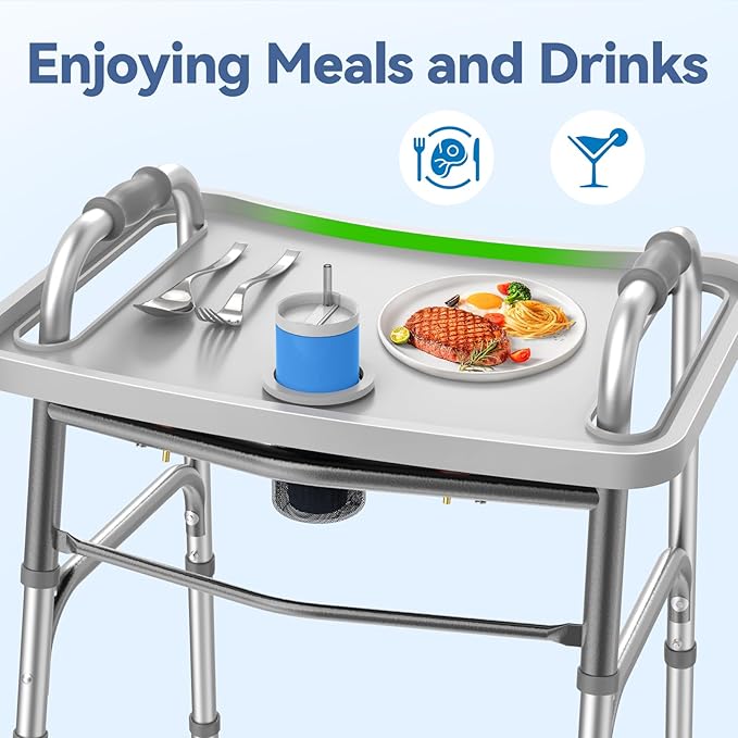 Folding Walker with Tray, 5" Wheels Lightweight Walkers for Seniors and Adults, Supports Up to 350 Pounds, Adjustable Height, Compact Standard Walker, Silver