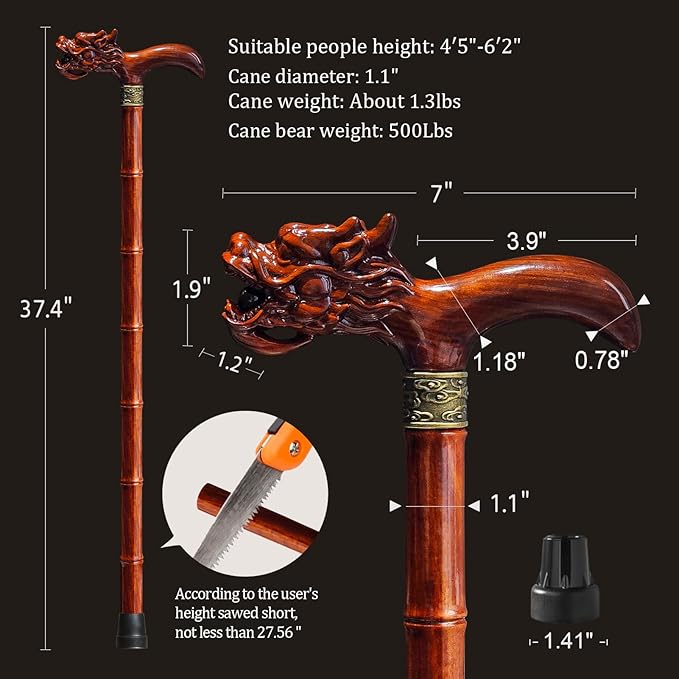 Wooden Cane, Hand Carved High-end Walking Cane for Men and Women, Lightweight Design Support Up to 500lbs Dragon Canes for Seniors, Suitable for Discerning Personal and Gift Use