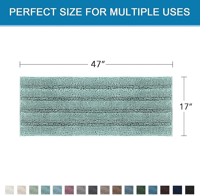 H.VERSAILTEX Bath Rugs for Bathroom Non Slip Bath Mats Extra Thick Chenille Striped Bath Rug Runners 47" x 17" Absorbent Fluffy Soft Shaggy Mats Plush Area Carpet for Bath Room - Eggshell Blue