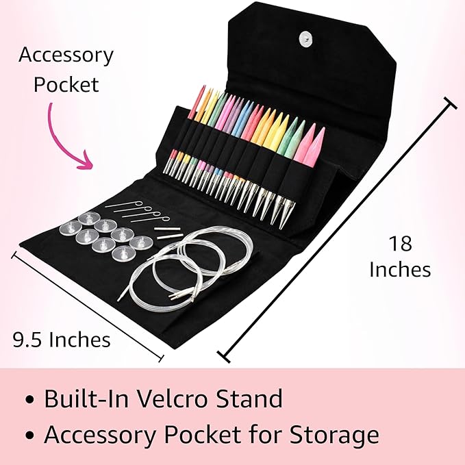 Lykke Colour 5 in. Complete Set US Sizes 4, 5, 6, 7, 8, 9, 10, 10.5, 11, 13, 15, 17 Interchangeable Circ. Knitting Needles for DK, Worsted, Chunky Yarns, Birch, 5 Cords, Black VS Case, Project Bag