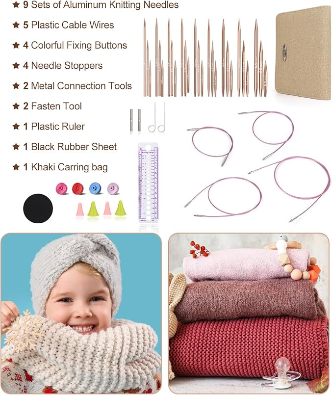 Aeelike Aluminu Interchangeable Knitting Needles Set, Circular Knitting Needles Set with 4 Cable 3 to 6 mm, Interchangeable Needle for Knitting Multiple Combinations, Gold