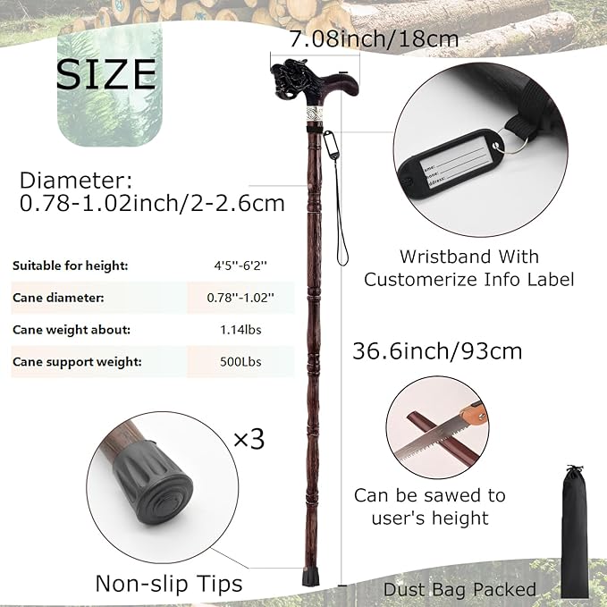 Wooden Walking Canes for Men and Women, Natural Rosewood Walking Sticks for Senior Support, Up to 500 Lbs Walking Stick, Heavy-Duty Walking Cane for Men, Suitable for Gift Giving