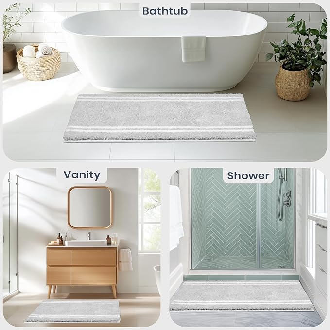 PURRUGS Bathroom Rug Non-Slip Machine Washable 20" x 30", Super Absorbent and Quick Dry Shaggy Microfiber Bath Mat, Extra Soft and Plush Bath Rug for Bathtub, Shower and Sink, Light Grey
