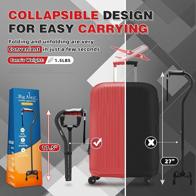 BigAlex Quad Cane, Foldable Adjustable Walking Cane for Men & Women with Stable 4-Pronged Base for Extra Stability & Balance, Heavy Duty, Lightweight, Soft Offset Handle Stick for Seniors & Elderly