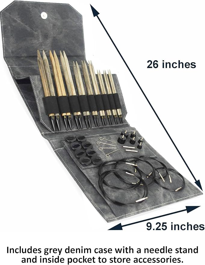 Lykke Driftwood 5.5, 6.5 & 7.5 Inch Long Interchangeable Knitting Needles Birch Wood US Sizes US Sizes 7, 8, 9, 10, 10.5, 11, 13, 15, 17 with 5 Cords, connectors, Keys, Grey Denim Case, Project Bag