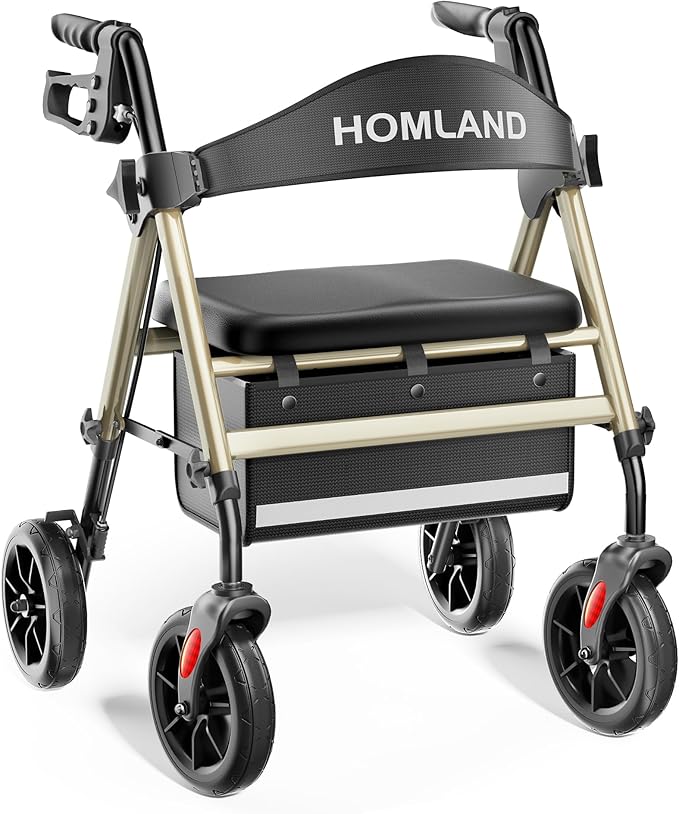 HOMLAND Rollator Walkers for Seniors with Seat, 8" All Terrain Wheels, Durable Aluminum Frame, Lightweight Foldable Walker with Ergonomic Seat, Height Adjustable Rolling Walker
