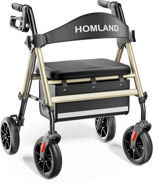 HOMLAND Rollator Walkers for Seniors with Seat, 8" All Terrain Wheels, Durable Aluminum Frame, Lightweight Foldable Walker with Ergonomic Seat, Height Adjustable Rolling Walker