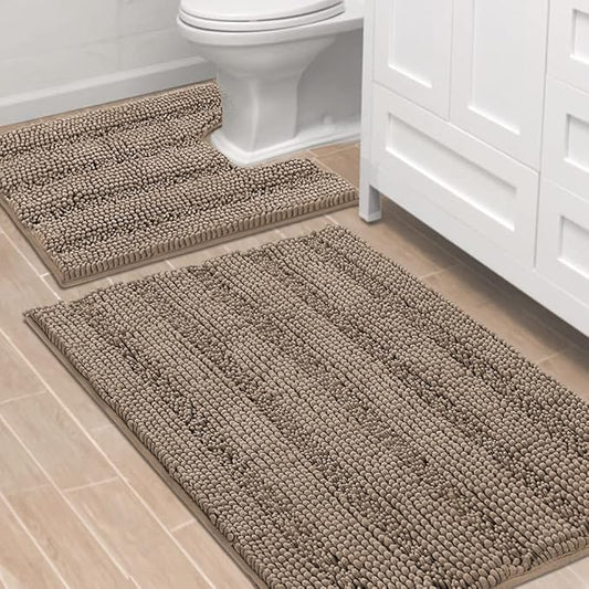 H.VERSAILTEX Bathroom Rugs Bath Rug Set 2 Piece Bathroom Contour Rug Toilet Mat Sets Non Slip Contour Bath Rug Ultra Thick Water Absorbent Striped Bath Mats(36" x 24" Plus 20" x 24" U, Taupe Brown)