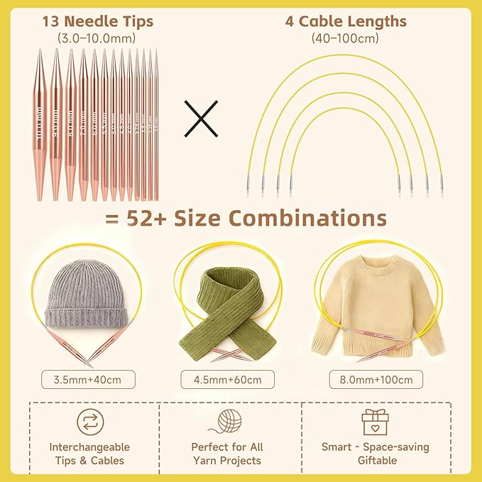 Interchangeable Circular Knitting Needles Set, 13 Pairs (26pcs) Rose Gold Aluminum Knitting Needles Kit, Sizes 3.0mm–10.0mm, Knitting Needle Case & Accessories for Knitting Beginners & Advanced