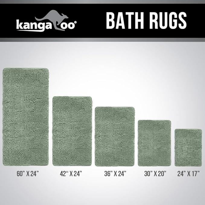 KANGAROO Bathroom Rugs, Chenille Soft Absorbent Bath Rug, Shaggy Shower Mat, Quick Dry Machine Wash Bathmat, Plush Carpet Mats for Tub, Bathtub and Room Home Decor Accessories, 30x20, Sage