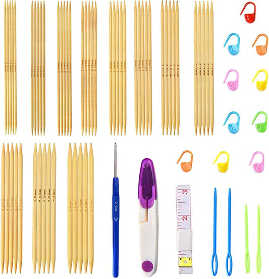 Double Pointed Knitting Needles Set,55 Pcs Bamboo Knitting Needles Kit,Short 13cm/5.1in (2.0mm-5.0mm),with Small Tools,Straight Wooden Needles for Beginners,Sock,Handmade Weave DIY Lover