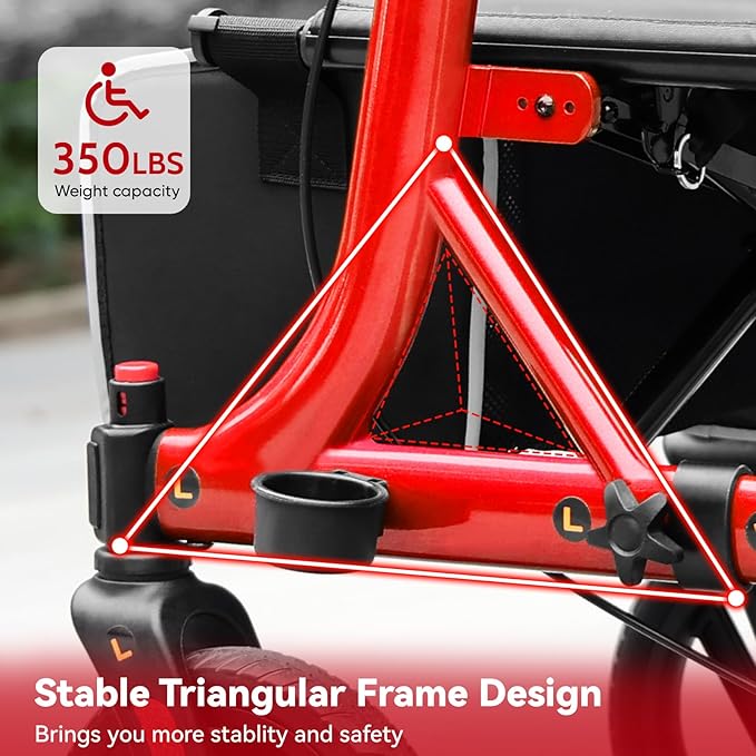 Rollator Walkers for Seniors, 10" Big Rubber Wheels All Terrain Rollator Walker with Adjustable Backrest and Handles, 350 Lbs, Cup Cane Holder, Foldable Lightweight Walker with Seat for Seniors Red